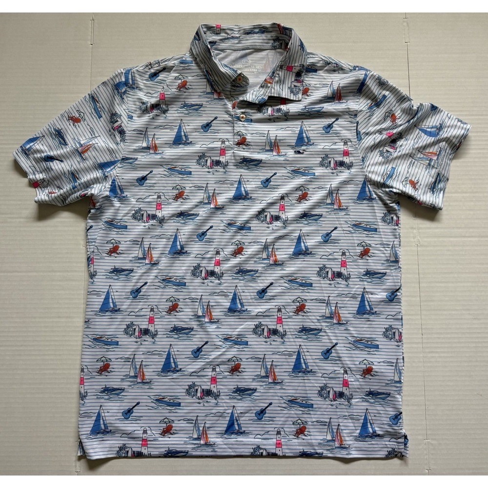 Vineyard Vines Performance Polo Mens L White Blue Sailboat Print Whale Logo Golf - Picture 1 of 6